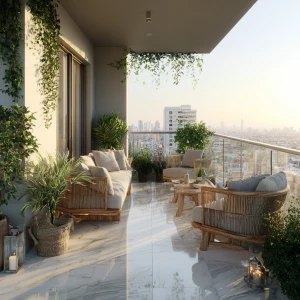 Create an ultra-realistic image of a modern luxury apartment bal...