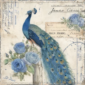 Shabby Chic Peacock Ephemera – 6 Cards (with Peacock-Blue Roses)...