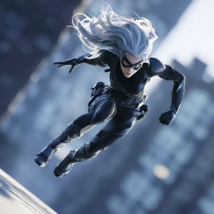 A silver-haired, masked female anti-hero mid-leap in an urban ro...