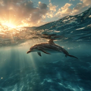 Small Baby dolphin chasing sun ray in the ocean water crest