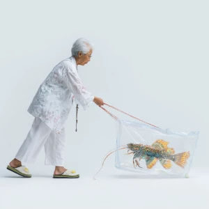 Taiwan auntie in white slippers drags with difficulty a big clea...