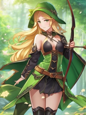 anime trading card illustration of a beautiful elf archer girl,...
