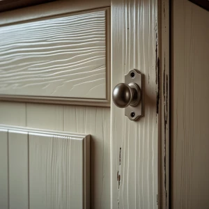 one kitchen cabinet door with slightly worn paint near the handl...