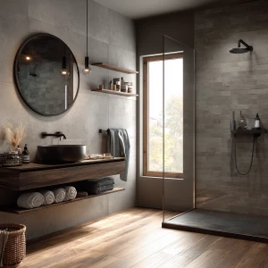 Create an ultra-realistic image of a modern common bathroom feat...