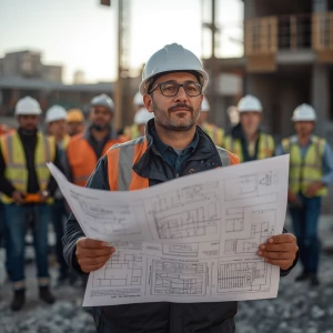 A realistic image of a 40-year-old engineer holding an engineeri...