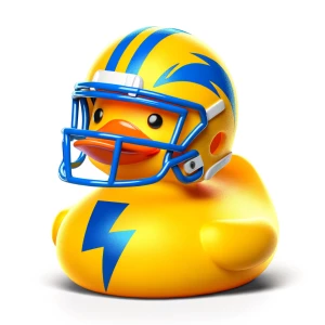 A 3d image of a rubber duck wearing a football helmet and with t...
