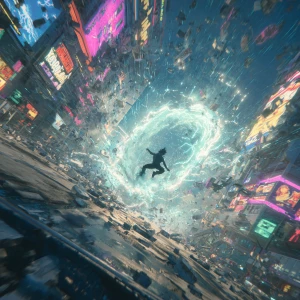 A lone warrior unleashing a gravity pulse in a neon-lit cityscap...