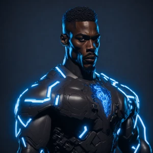 Wide angle perspective camera shot of a muscular, Black man with...