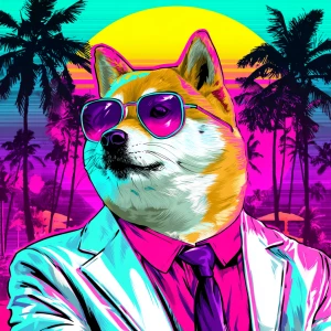 A pastel-colored Shiba cat in a Miami Vice outfit – white suit,...