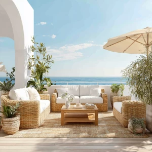 Create a scene of a luxurious outdoor patio featuring white cush...