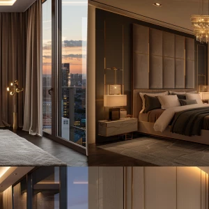 Ultra-realistic photo of a luxury apartment bedroom, warm neutra...