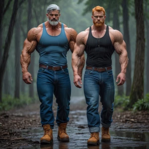 Generate an image of two muscular men walking through a rainy fo...