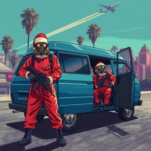 Santa's elf, wearing a red hazmat suit, gas mask, and holding a...