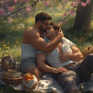 The image is a romantic, hyper realistic of two men engaged in a...