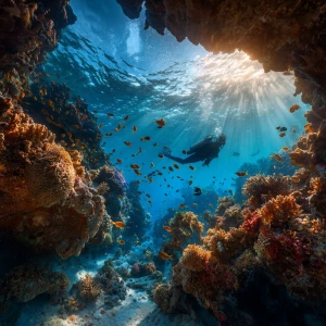 A scuba diver immersed in a dazzling coral reef habitat, illumin...