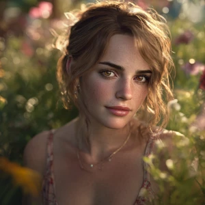 soft focus portrait of mix between Margot Robbie and Emma Watson...