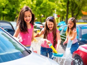 A vibrant scene set on a sunny day showcasing a lively group of...