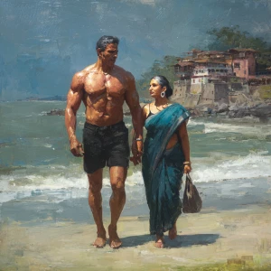 Realism,oil painting.a muscular sweaty indian  villain man, walk...