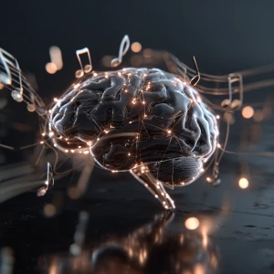 AI neural network visual transforming into music notes, digital...