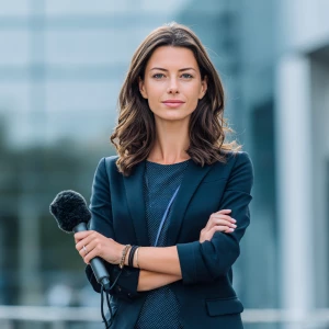 A professional news reporter, a woman, standing confidently in f...
