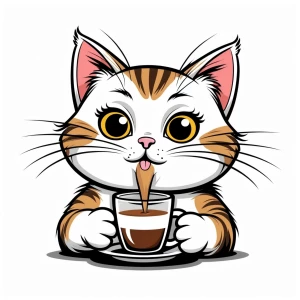 cute cat drinking coffee, funny cartoon style, white background,...