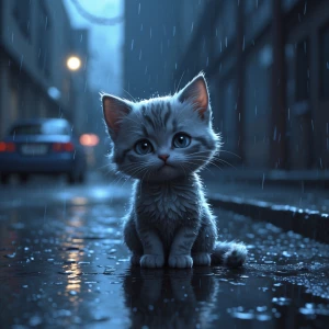 A small grey kitten sitting alone in the rain, on a wet street,...
