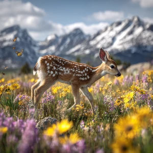 Baby fawn walking slowly through spring meadow, yellow and purpl...
