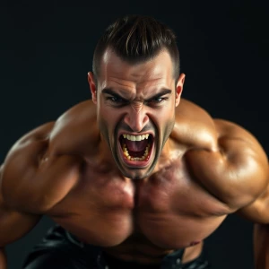 The image depicts a close-up portrait of a shirtless male figure...