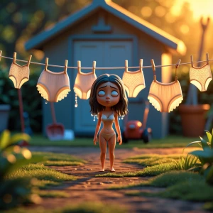 Create a playful, cinematic 3D illustration. Warm ambient light...
