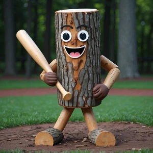 Make a log with legs and is holding a baseball bat and also has...