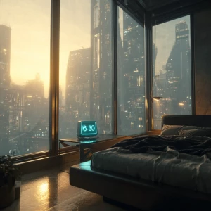 A luxurious futuristic apartment bedroom at dawn. Soft golden li...