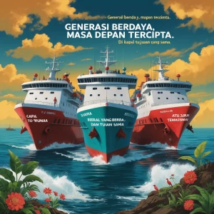 Poster menampilkan tiga kapal menuju matahari bertuliskan “Gener...