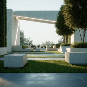 Generate a contemporary architectural scene featuring a landscap...