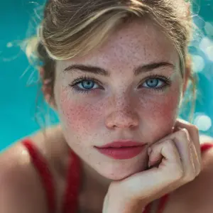 A very pretty Blue eyed girl with freckles across her nose loung...