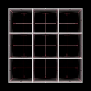 Generate an image of an 11x11 box divided into 3 distinct open c...