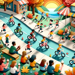 An outdoor image of kids biking in a school bike derby. They are...