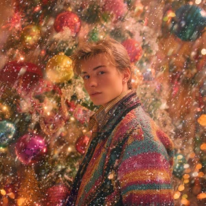 A young man dressed in 80s fashion, looking in the camera  in fr...