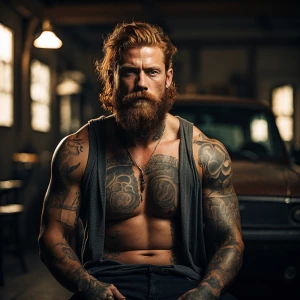 The image features a shirtless man with a muscular and beefy bui...
