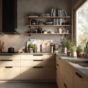 “Ultra-realistic photo of a Scandinavian kitchen with matte whit...