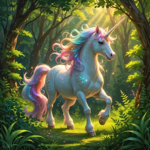 In a whimsical parallel universe, a luminous unicorn with shimme...