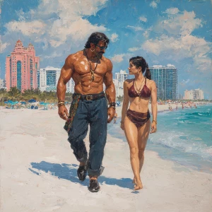 Realism,oil painting.a muscular sweaty indian  villain man, walk...