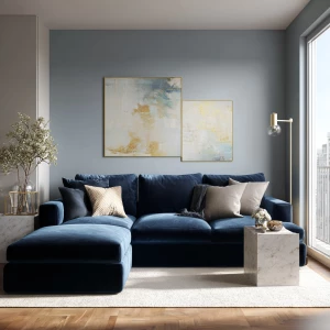 Create a modern aesthetic living room with a navy velvet section...