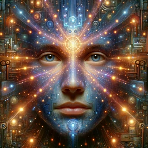 A shimmering ethereal quantum communication device, pulsating wi...