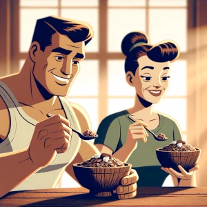 A fitness man and women both 25 year enjoying chocolate oats in...