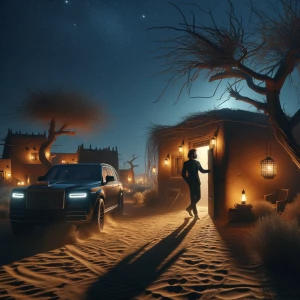 A peaceful desert night under a deep indigo sky filled with brig...