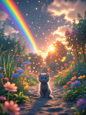 Wide shot of the grey garden turning into a glowing colorful par...