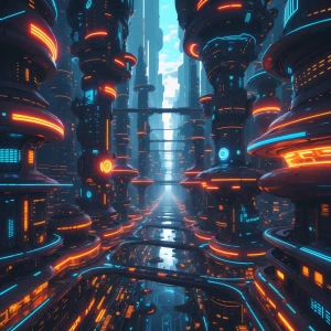 An otherworldly cybernetic cityscape sprawls across a vividly de...