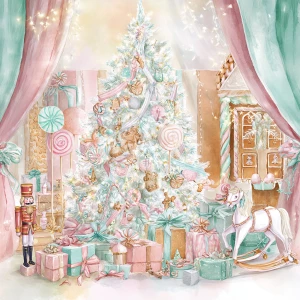 A detailed watercolor illustration of a whimsical pastel Christm...