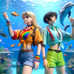 Anime styled girls underwater in a giant aquarium, one with a ra...