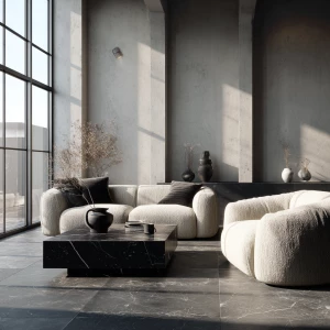 Create an ultra-realistic image of a monochrome luxury living ro...